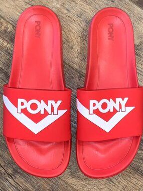 PONY Mens Slides 13M Shoes Pool Beach Sandals Flip Flops Red Y2K Surfer Shower